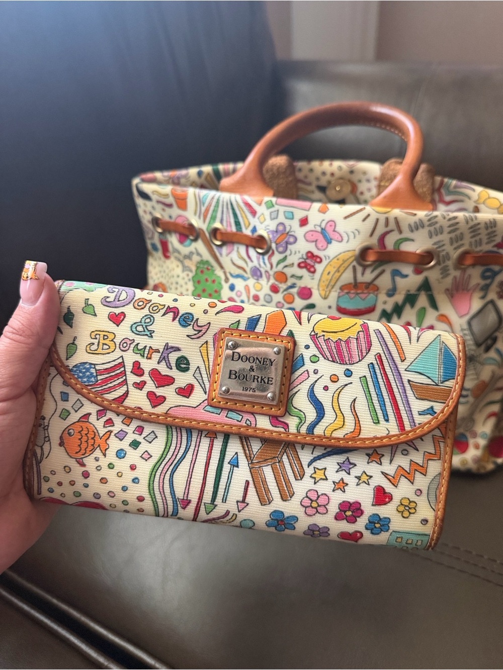 Dooney & Bourke Multicolor Doodle Satchel with Tan Leather Trim - Picture 3 of 10